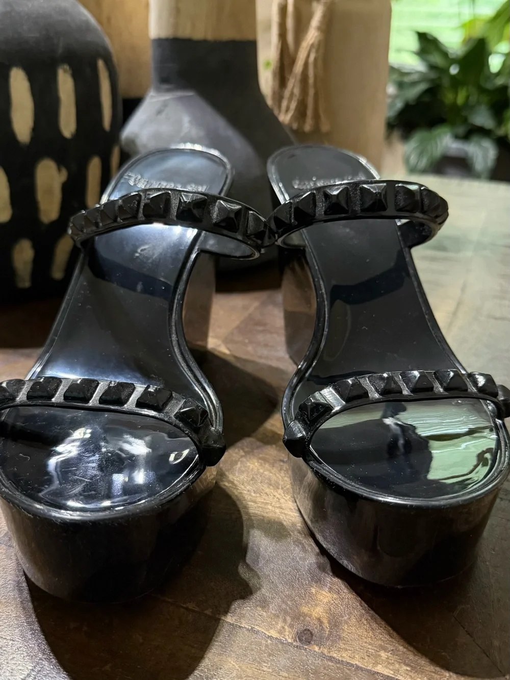 NWT Carmen Sol Tonino Black Studded Jelly Platform Wedge Sandals